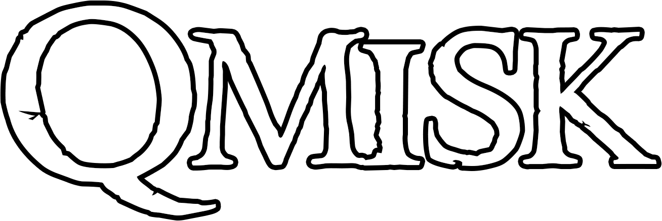 QMISKs logotyp i vitt med svarta konturer