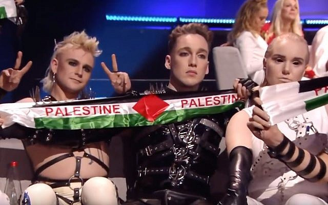 Hatari unfurl Palestine flags at Eurovision 2019 during the vote count.
