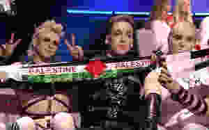 Hatari unfurl Palestine flags at Eurovision 2019 during the vote count.
