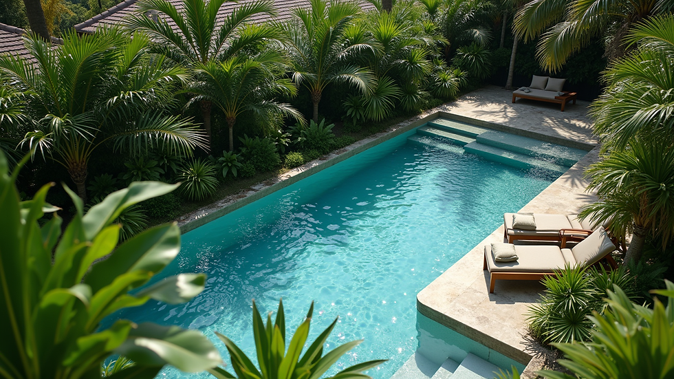 High angle view of a private pool surrounded by tropical plants