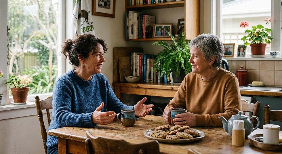 Two women sharing a quiet conversation over coffee at a kitchen table.