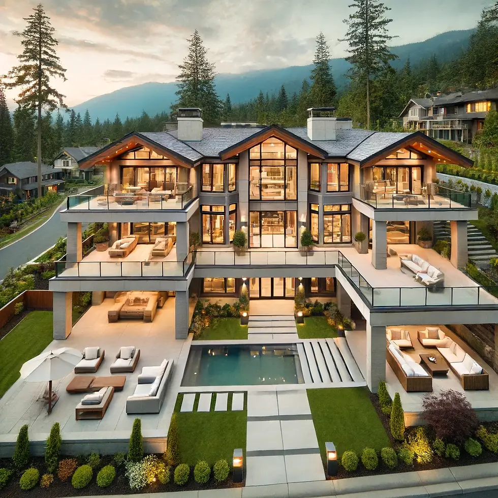 A luxurious mansion in British Columbia, showcasing a complete renovation with modern design, expansive living spaces, high-end finishes, and beautifully landscaped surroundings.