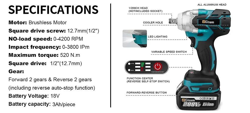 Thumbnail: GISAM 520N.m Cordless Electric Impact Wrench Brushless Electric Wrench Hand Dril