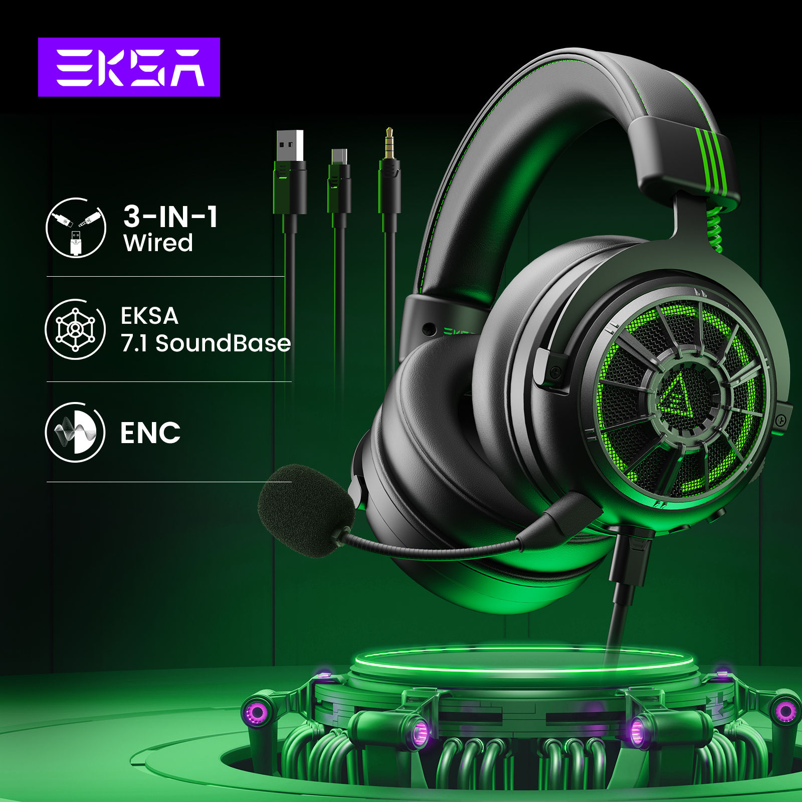 EKSA StarEngine Pro Gaming Headset Gamer 7.1 Wired Over Ear Headphones with ENC
