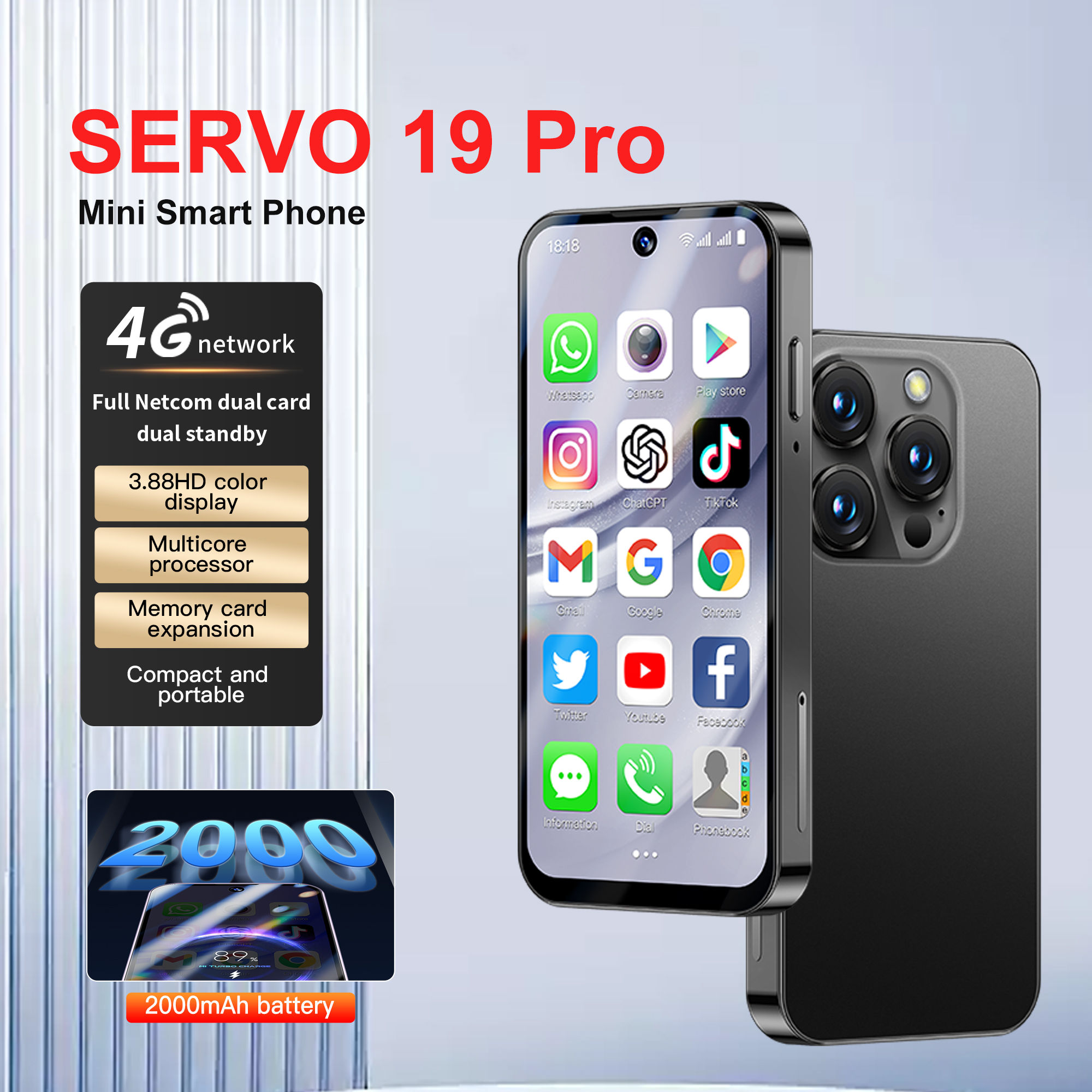 SERVO 19PRO Flagship Mini Smartphone Android12 System 4G Network 3GB+32GB Face U