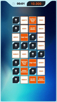 Participante interage com totem touchs Phygital Solutions em jogo de memória educativo do Itaú no XP Expert. A ativação premia de acordo com o desempenho e exibe conteúdos explicativos sobre investimentos durante a partida.