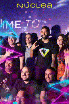 Ativação Photo Freeze da Phygital Solutions na festa de fim de ano da Nuclea: seis câmeras capturando momentos de celebração.