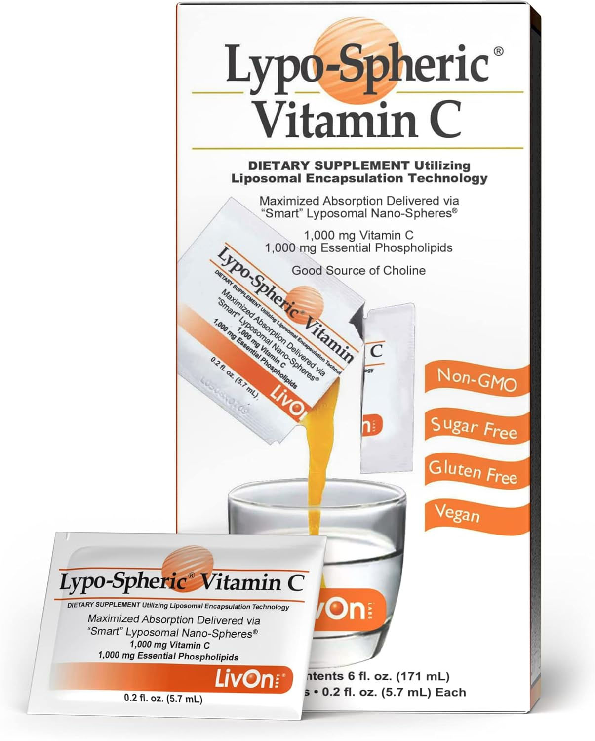 LivOn Laboratories Liposomal Vitamin C for immune support and skin health, featuring 1000 mg of Vitamin C and essential phosp