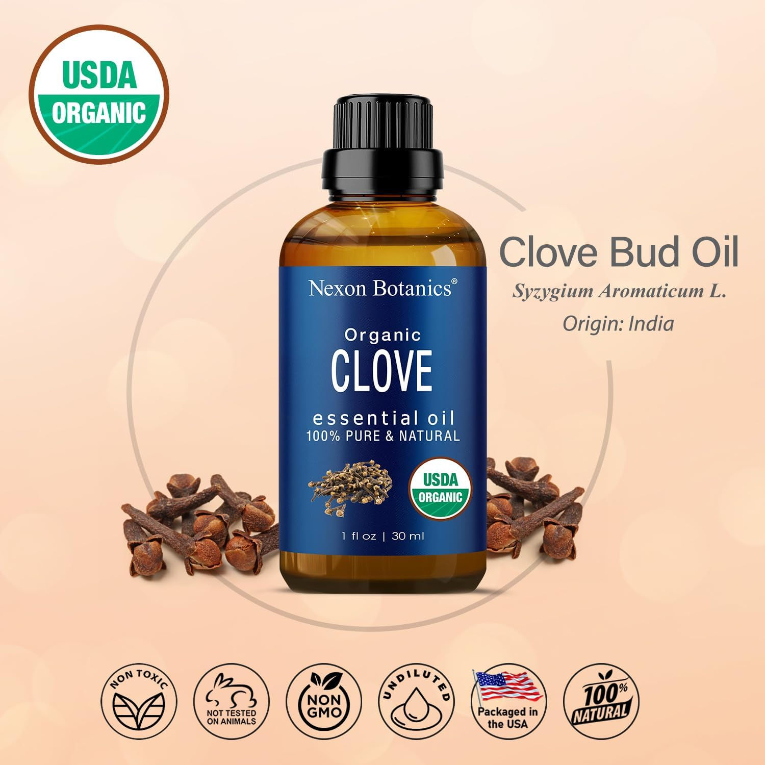 Bottle of Organic Clove Essential Oil, 100% pure, supporting toothache relief, candida treatment, and parasite cleanse.