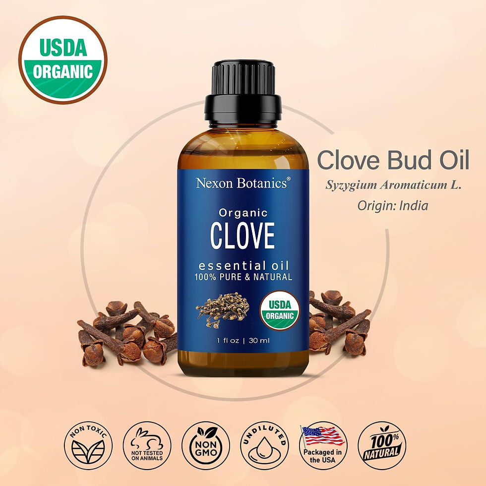 Bottle of Organic Clove Essential Oil, 100% pure, supporting toothache relief, candida treatment, and parasite cleanse.
