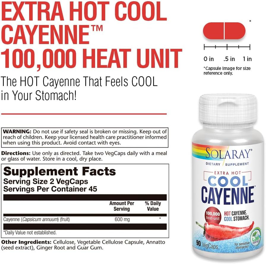 Close-up of Solaray Extra Hot Cool Cayenne 100,000 HU label, showcasing Cayenne pepper for weight loss, metabolism support, a