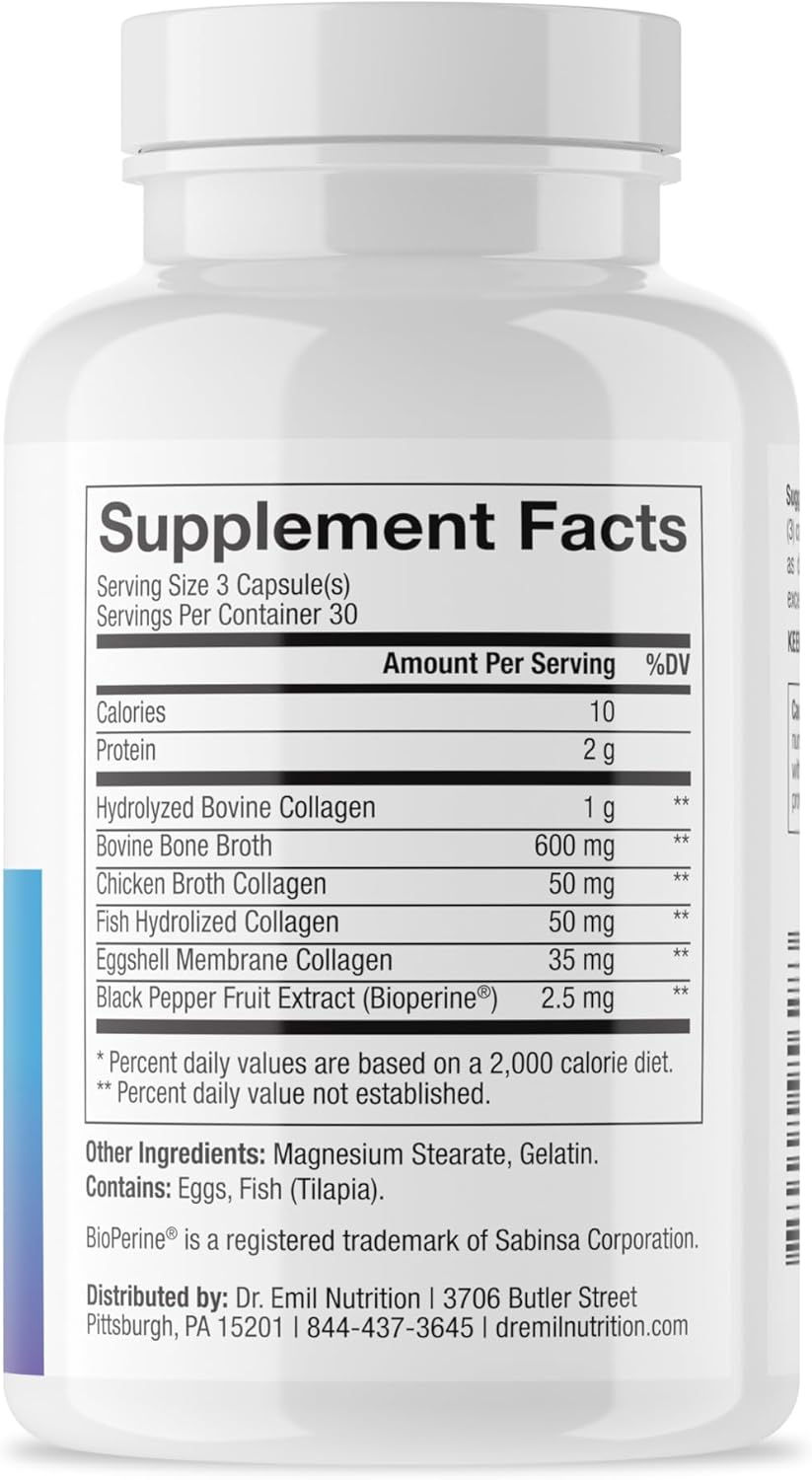 Close-up of DR. EMIL NUTRITION Multi Collagen Pills label, showcasing the benefits for collagen production, hair growth, and