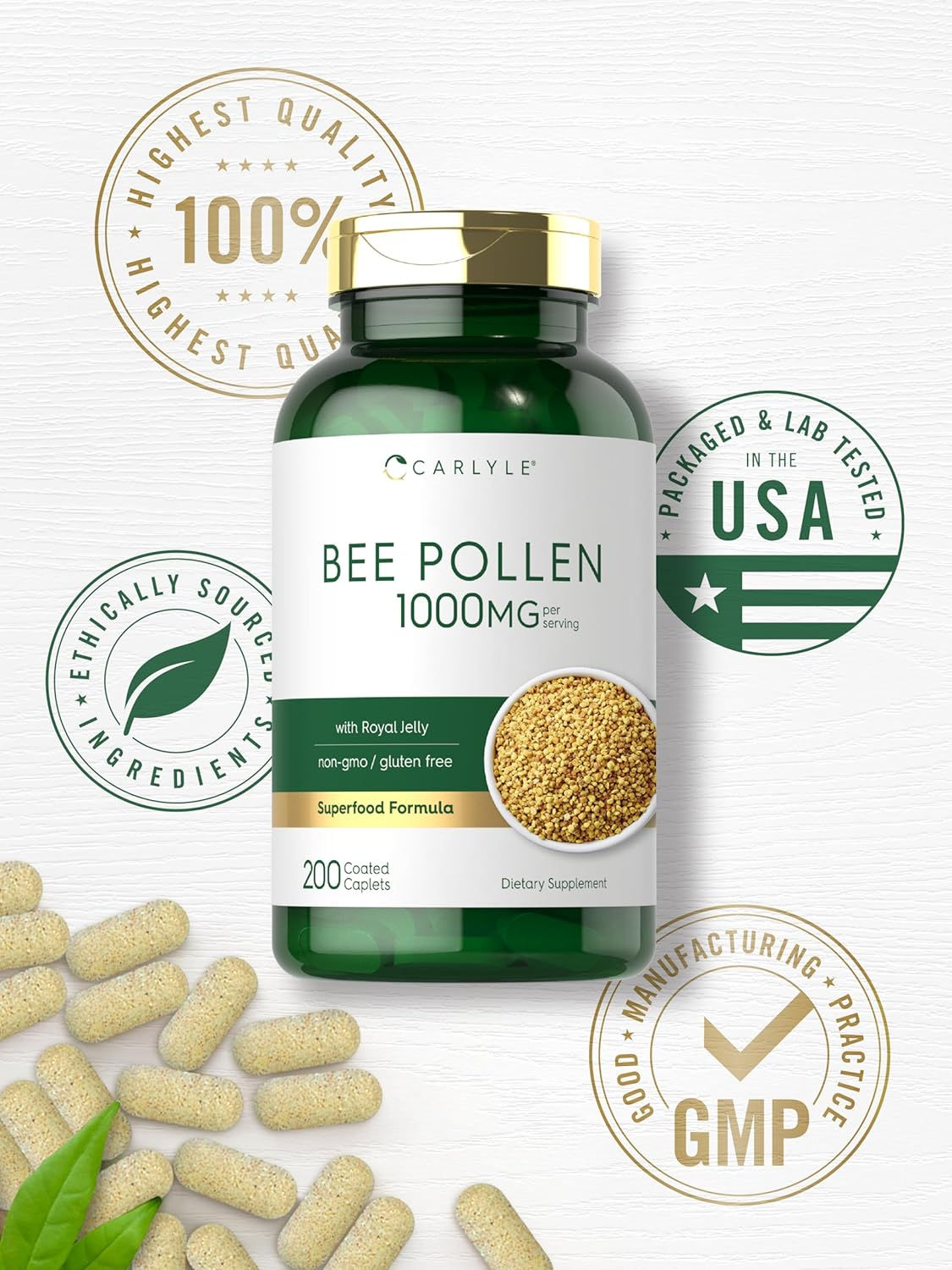 Carlyle Bee Pollen Supplement 1000mg with royal jelly and propolis, designed to boost energy, support metabolism, and promote