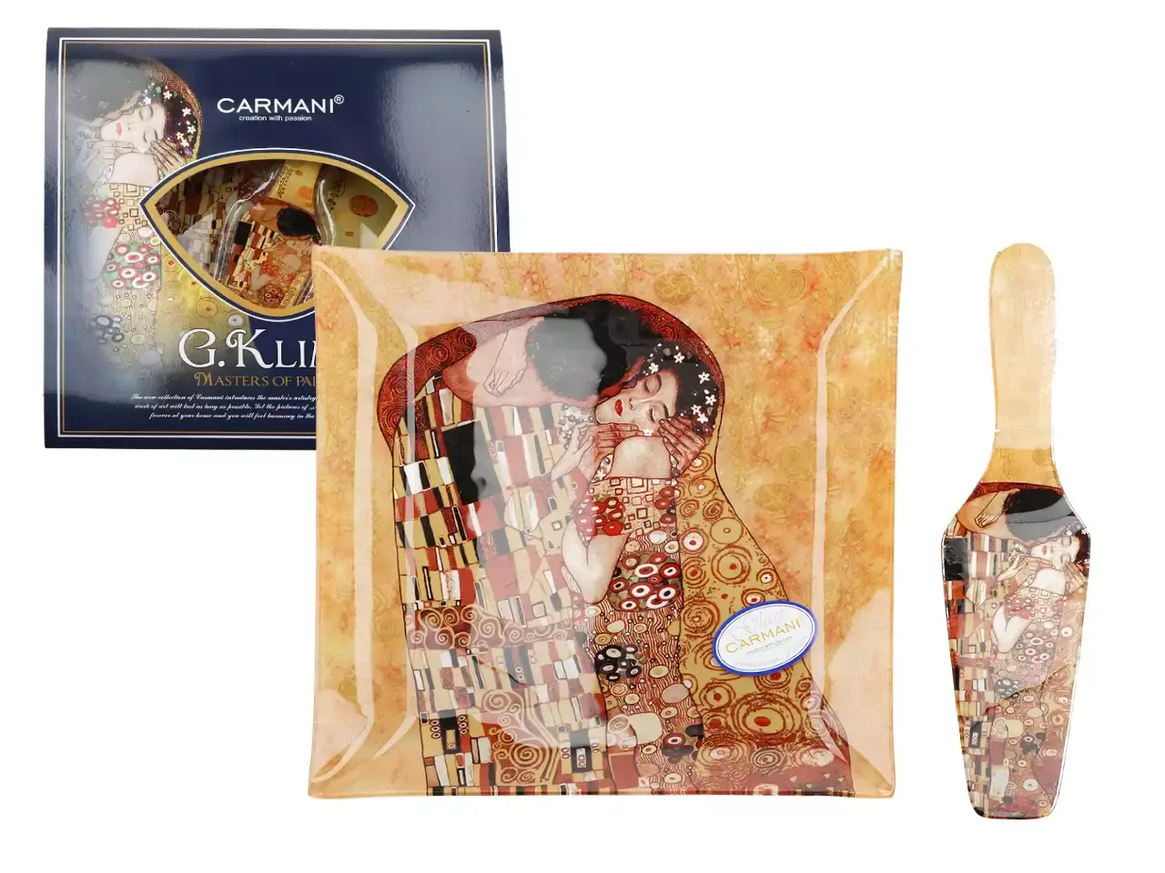 Glasplatte mit Tortenheber "Der Kuß"