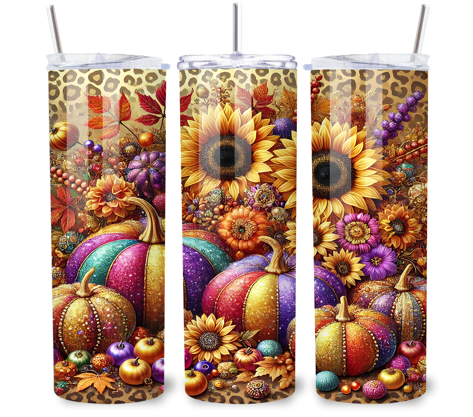 Fall-themed 20 oz. tumbler with pumpkins and sunflowers.