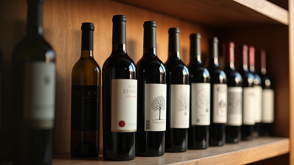 Close-up view of a selection of wine bottles on a wooden shelf