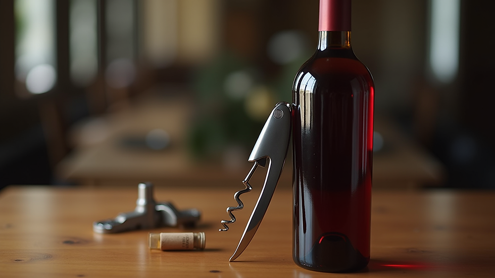 Close-up view of a wine bottle with a corkscrew