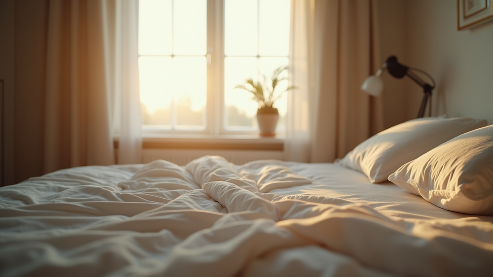 Eye-level view of a cozy bedroom with soft lighting and a neatly made bed