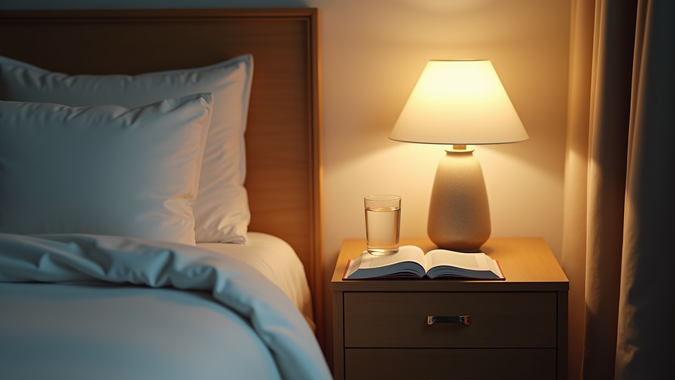 Close-up view of a bedside table with a glass of water and a book ready for bedtime