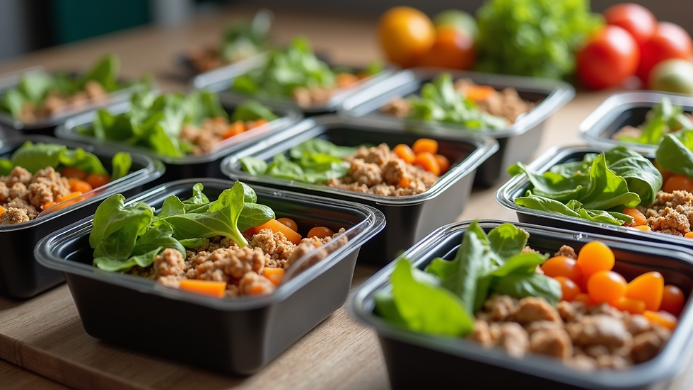 High angle view of meal prep containers filled with healthy food