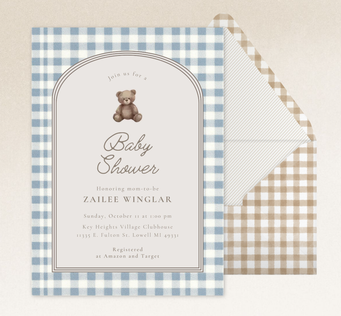 Dusty Blue Gingham Baby Shower Invitation | 5X7 | Editable Canva Template