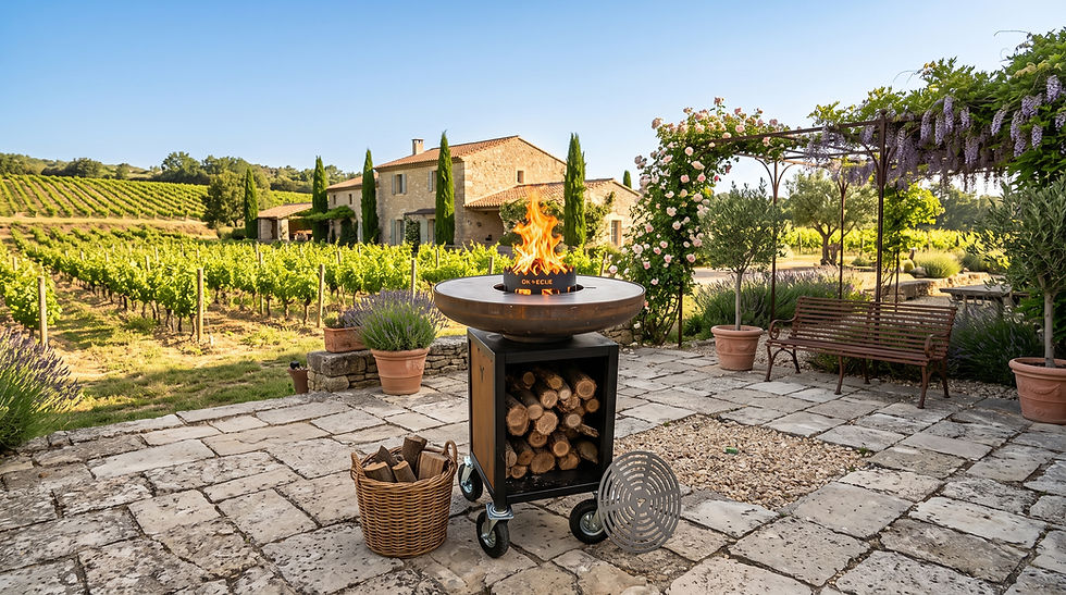 Braséro traditionnel Vulcan Braséro finition acier corten sur une terrasse d'un domaine viticole