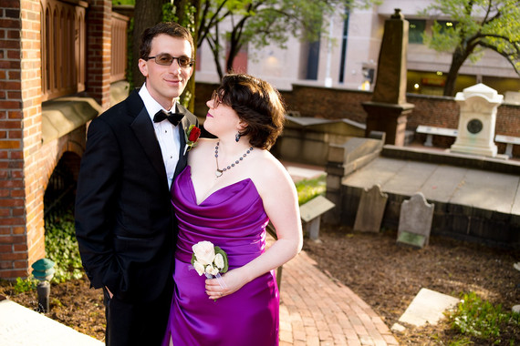 bride in purple dress and groom