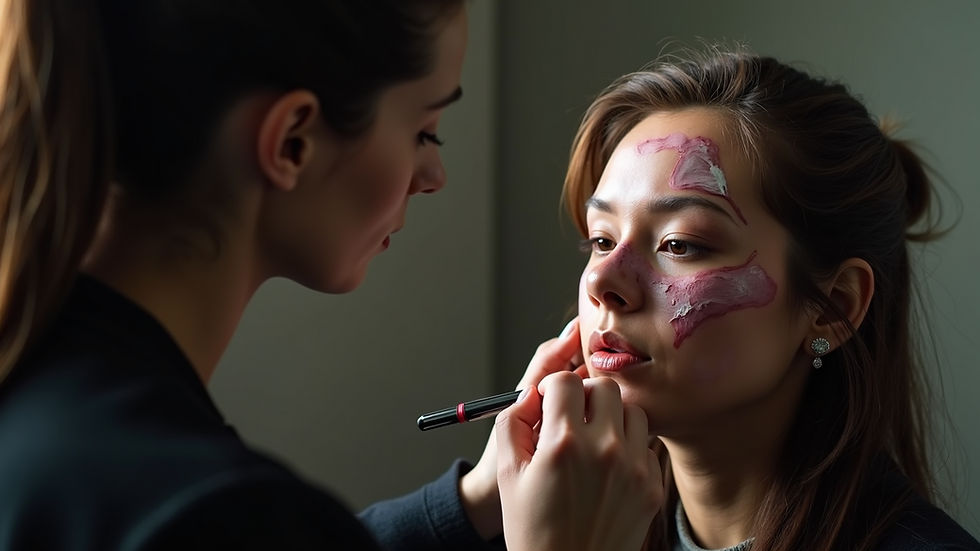 Close-up view of a SFX make-up artist applying prosthetics on an actor's face