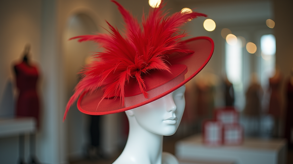 Eye-level view of a vibrant red feather fascinator on a display stand