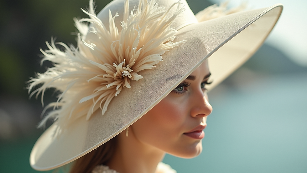 Close-up view of a delicate cream fascinator with feathers and netting