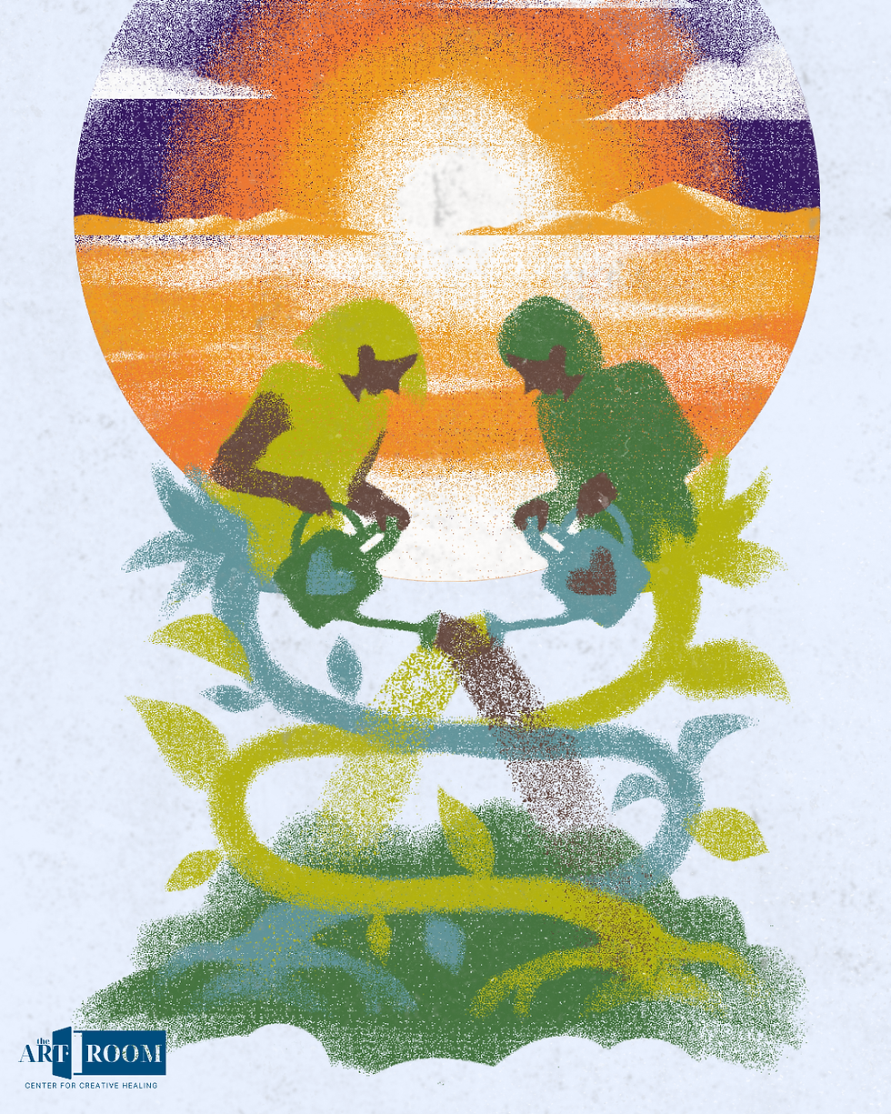 Two people watering flowers