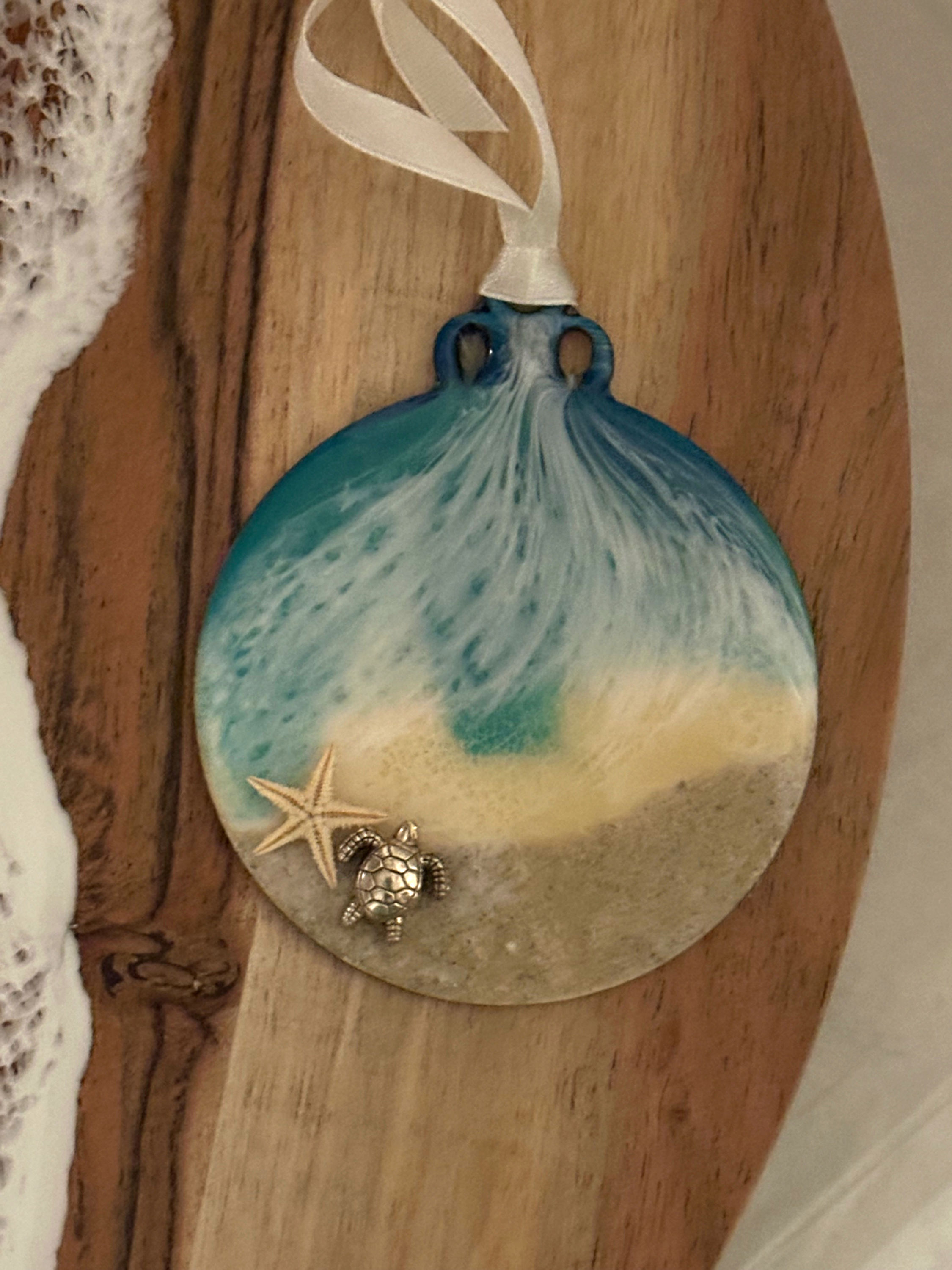 Ocean Resin Christmas Bulb Ornament – Starfish & Sea Turtle – 3"