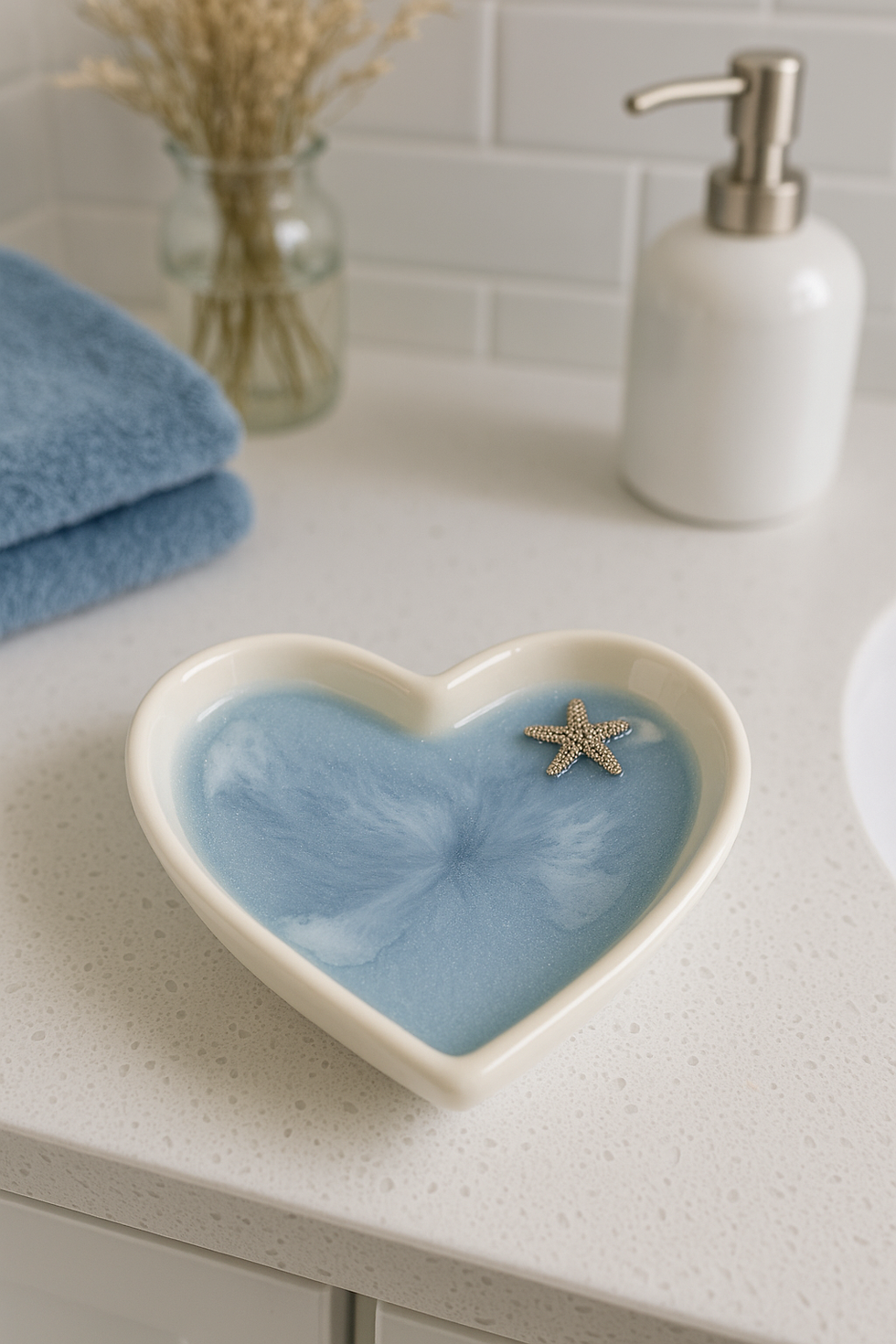 Thumbnail: Heart-Shaped Porcelain Ocean Resin Trinket Dish – 3.75" x 3.25"