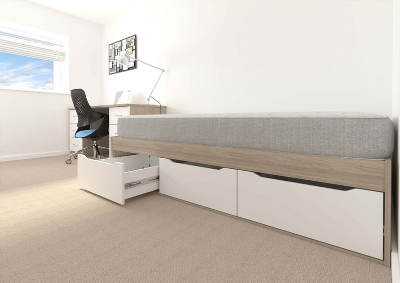 Modern boarding school refurbishment with custom-built student bed, desk and storage solutions for residential accommodation
