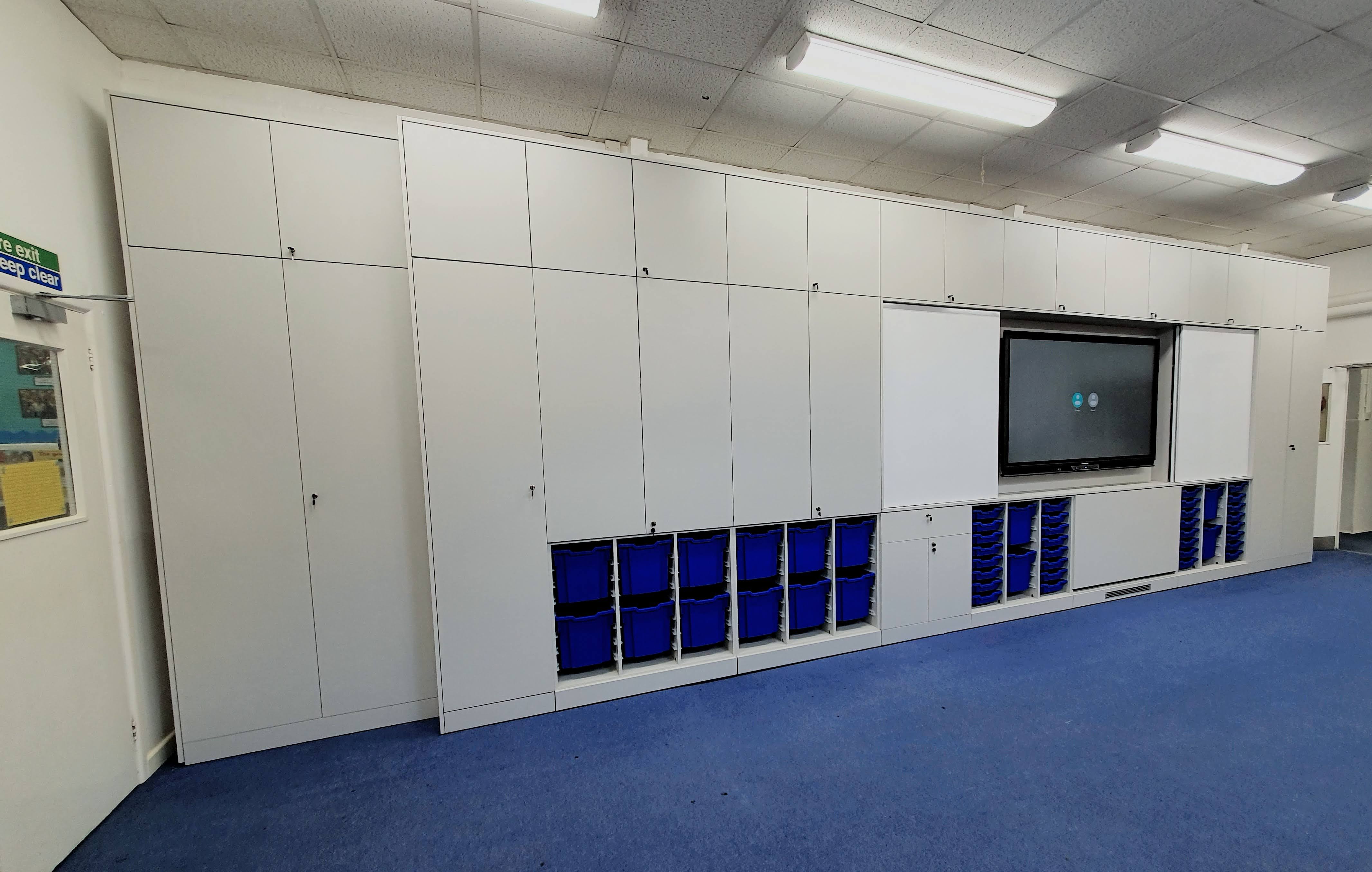 Tech storage media wall for classrooms