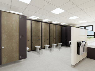 Clean and modern washroom showing seamless trough sinks and durable cubicles