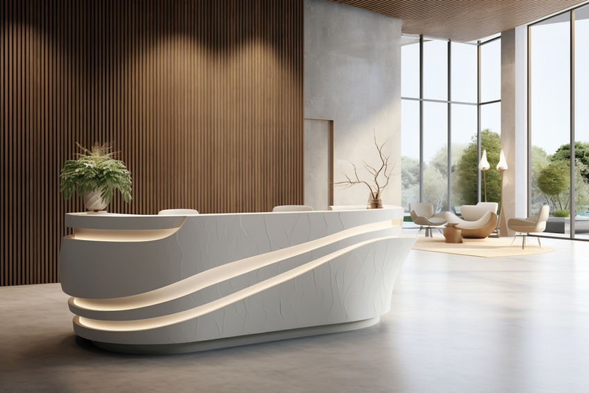 Brookhouse hotel interior design featuring a bespoke reception desk and contemporary lobby space