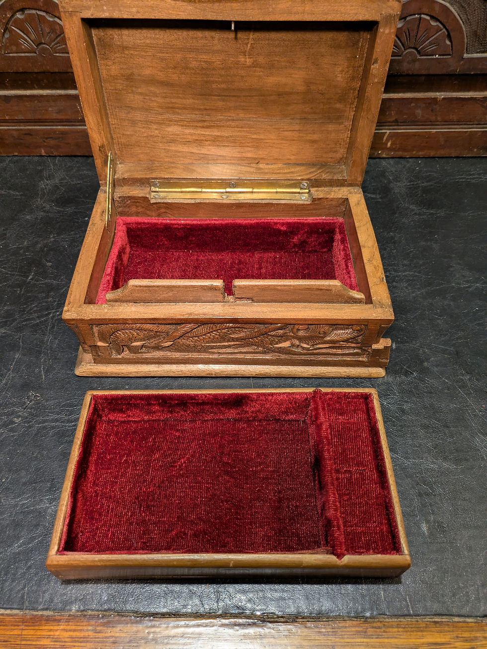 Thumbnail: Antique Chinese Carved Wooden Puzzle Box with Dragon & Serpent Motifs – c.1900
