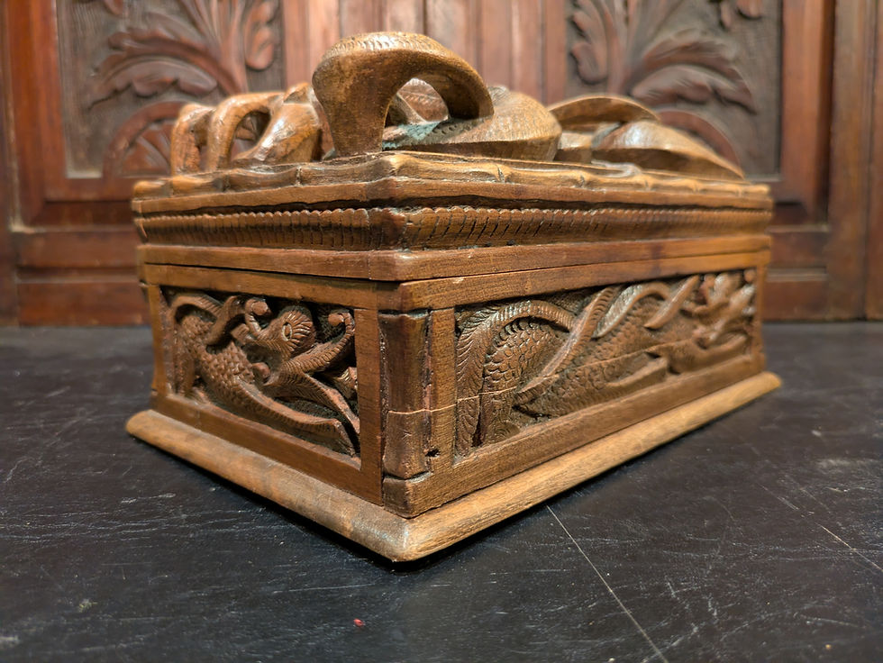 Thumbnail: Antique Chinese Carved Wooden Puzzle Box with Dragon & Serpent Motifs – c.1900