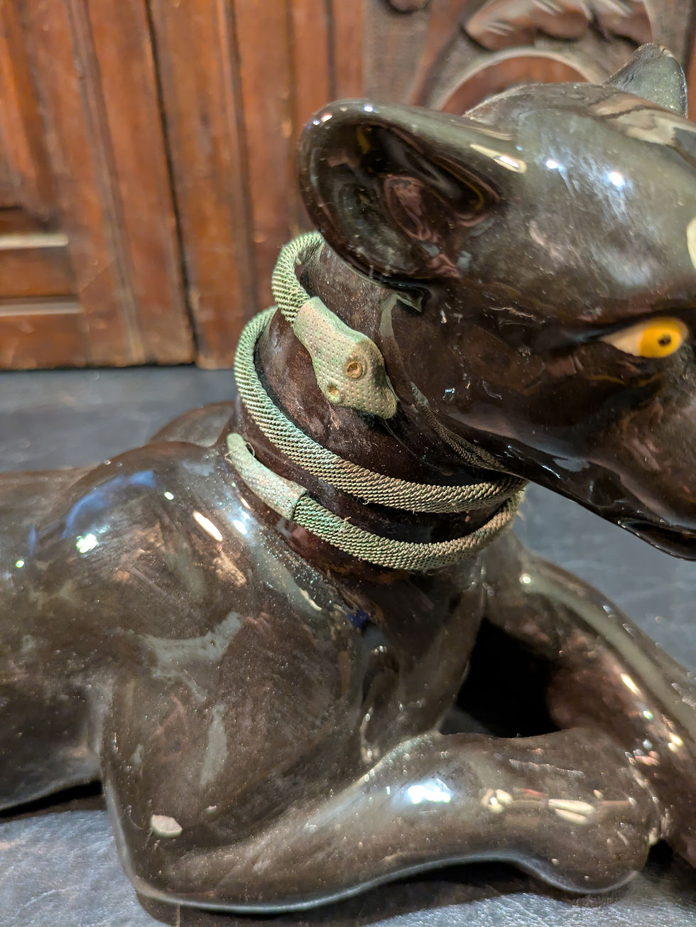 Thumbnail: Vintage Black Panther Ceramic Sculpture with Snake Collar – Mid-Century Style