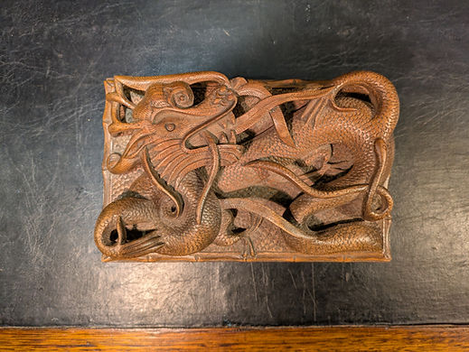 Antique Chinese Carved Wooden Puzzle Box with Dragon & Serpent