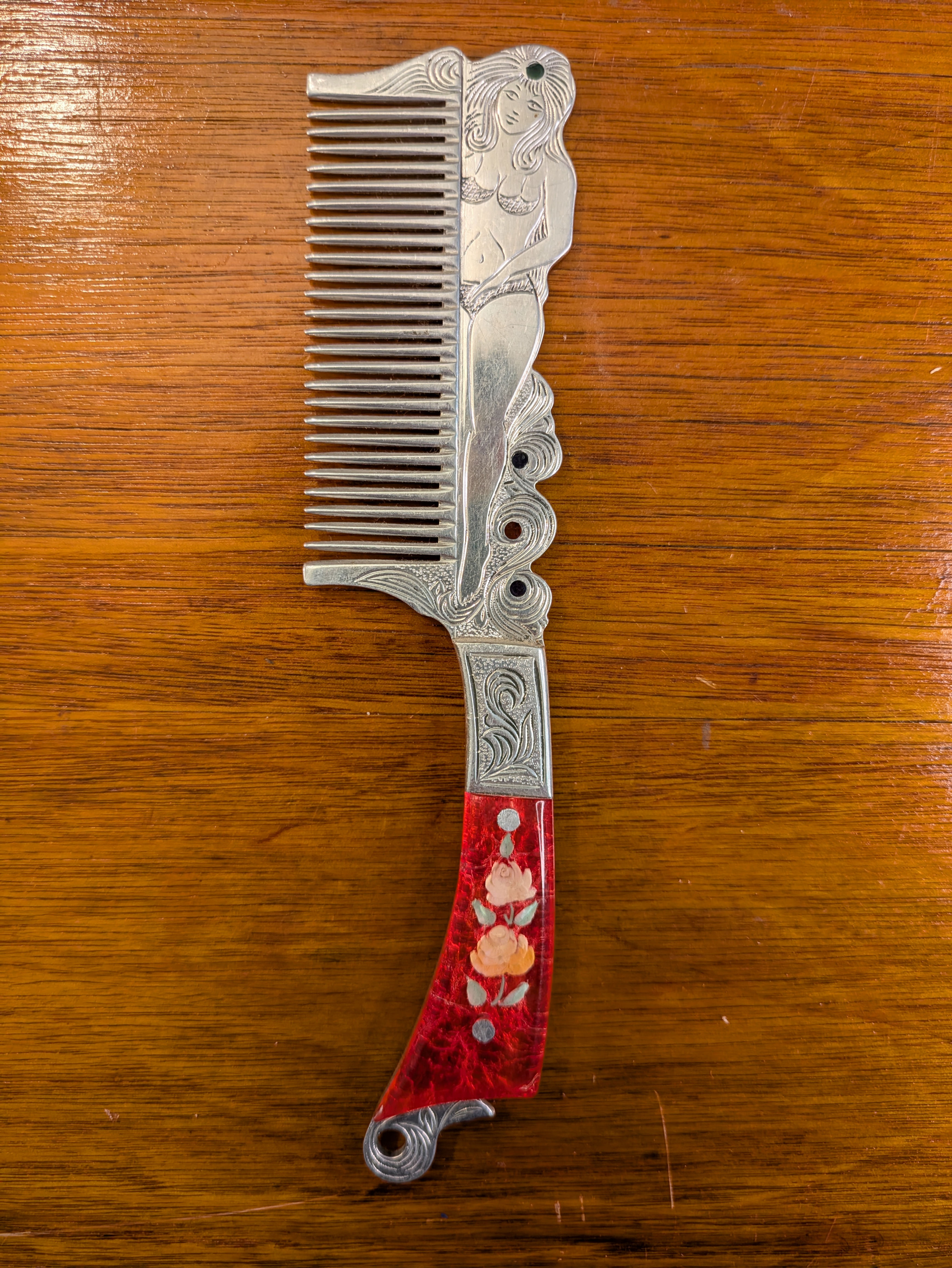 Prison~Art Vintage USSR Soviet Metal Comb w Pin-Up Girl &Red Resin Floral Handle