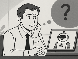 Illustratie van een kantoormedewerker die nadenkt terwijl een AI-assistent zichtbaar is op zijn scherm — symbool voor de balans tussen jobzekerheid en technologie.