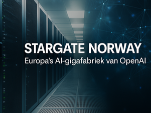 Digitale visual met futuristisch Noors landschap, datacenters en AI-elementen. Links bovenin het label ‘Stargate Norway’. Op de achtergrond bergen, waterkrachtinstallaties en een gloed van AI-chipverlichting. De compositie straalt schaal, duurzaamheid en technologische kracht uit.