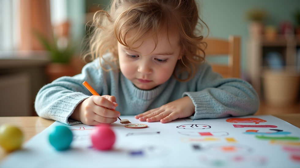 Eye-level view of child doing visual therapy exercises with colorful tools