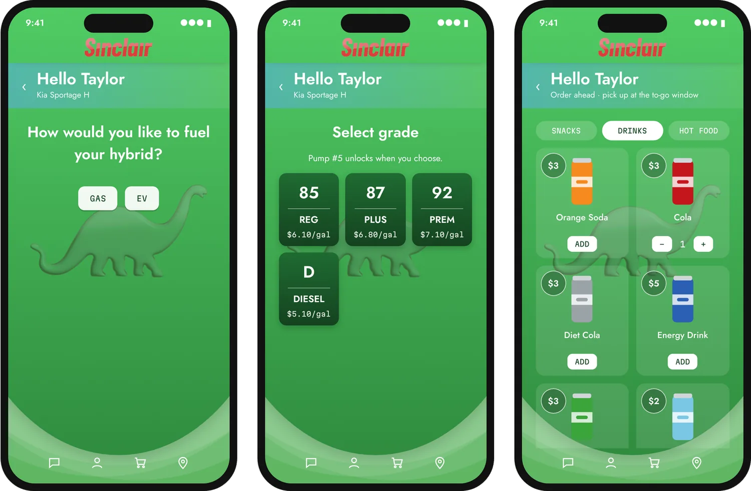 Three app screens: choosing gas or EV for a hybrid, selecting a fuel grade, and ordering snacks and drinks ahead