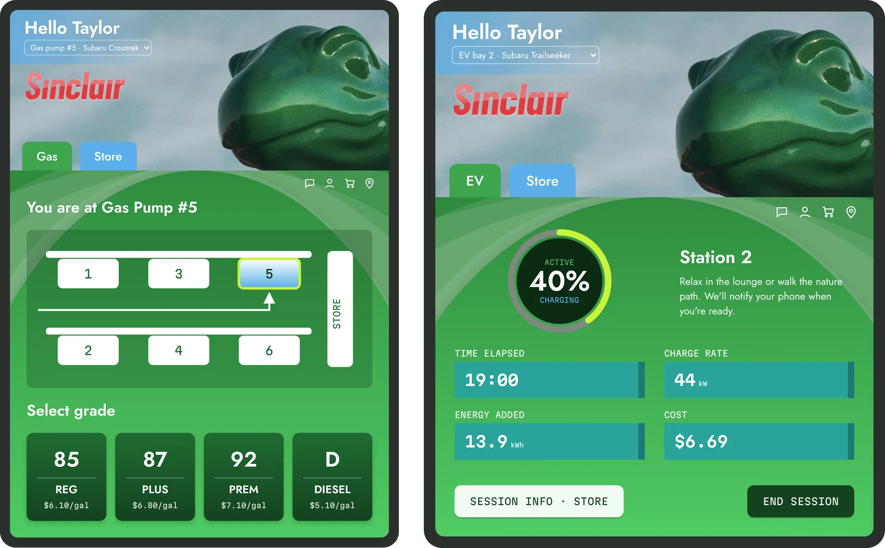 Two pump kiosk screens under a photo of the Sinclair dinosaur: grade selection at Pump 5, and an EV charging session