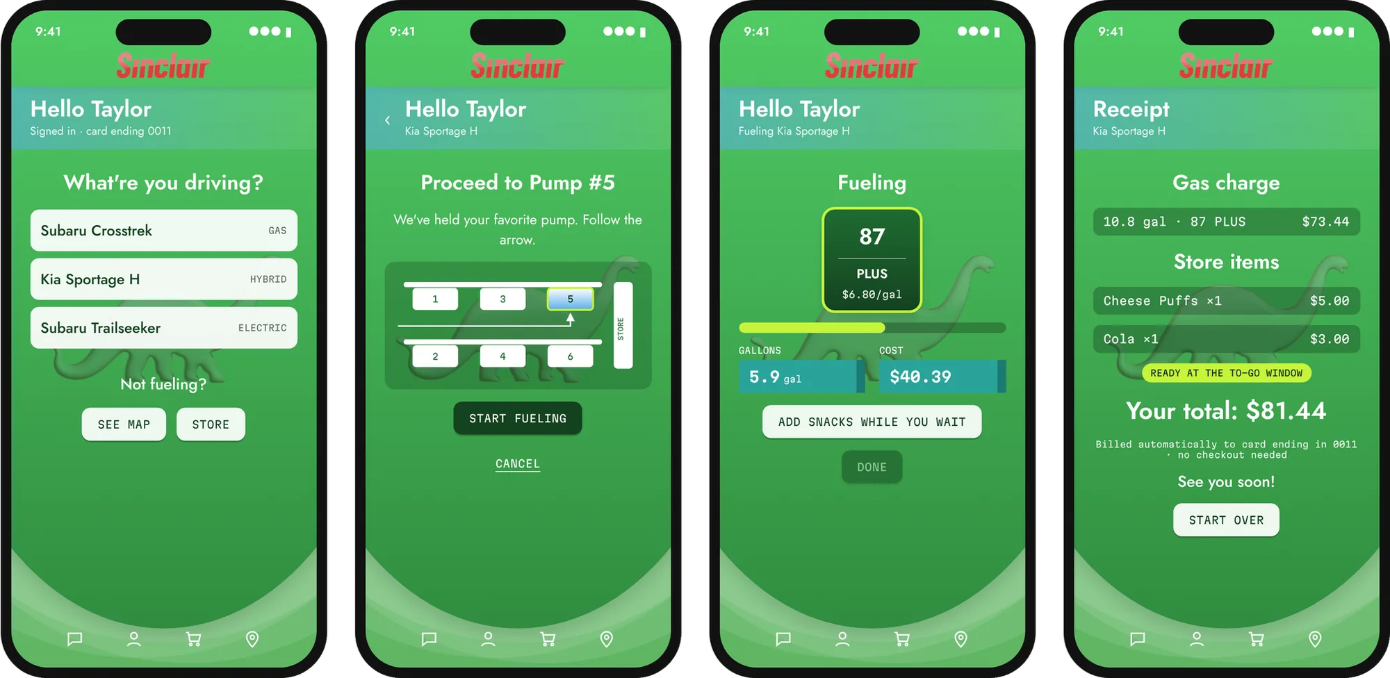 Four app screens: choose your car, proceed to Pump 5 on a map, fueling progress, and a combined receipt
