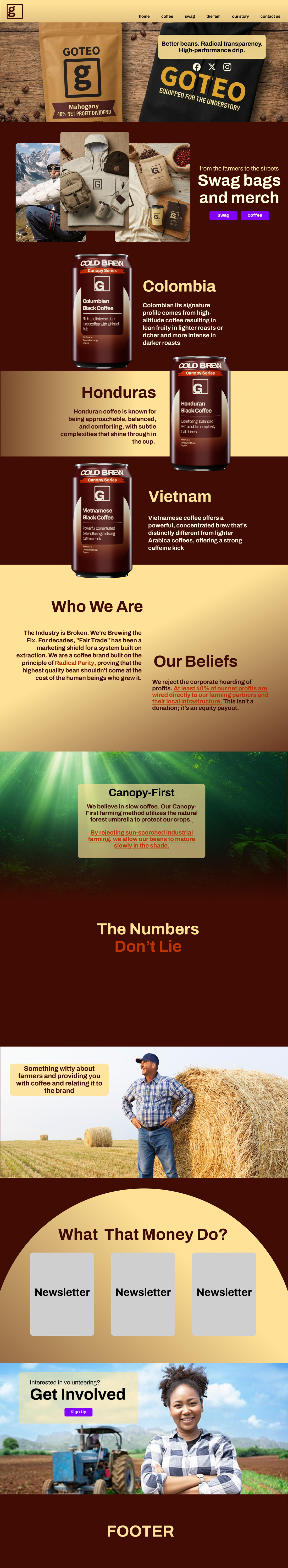 The full Goteo landing page designed in Figma, from the hero with the coffee bag and merch, through the three cans, Who We Are, Our Beliefs, Canopy-First, The Numbers Don't Lie and What That Money Do, to Get Involved and the footer
