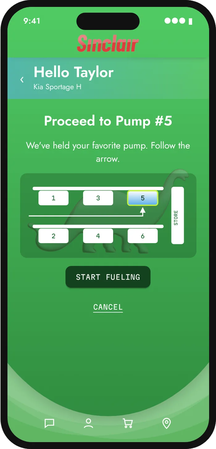 Sinclair app screen directing the driver to Pump 5 on a station map